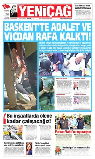 Yeniçağ Gazetesi bugünkü manşeti - 20 Ağustos 2026