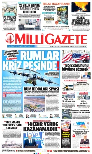 Milli Gazete 23 Ağustos 2026 günün manşeti