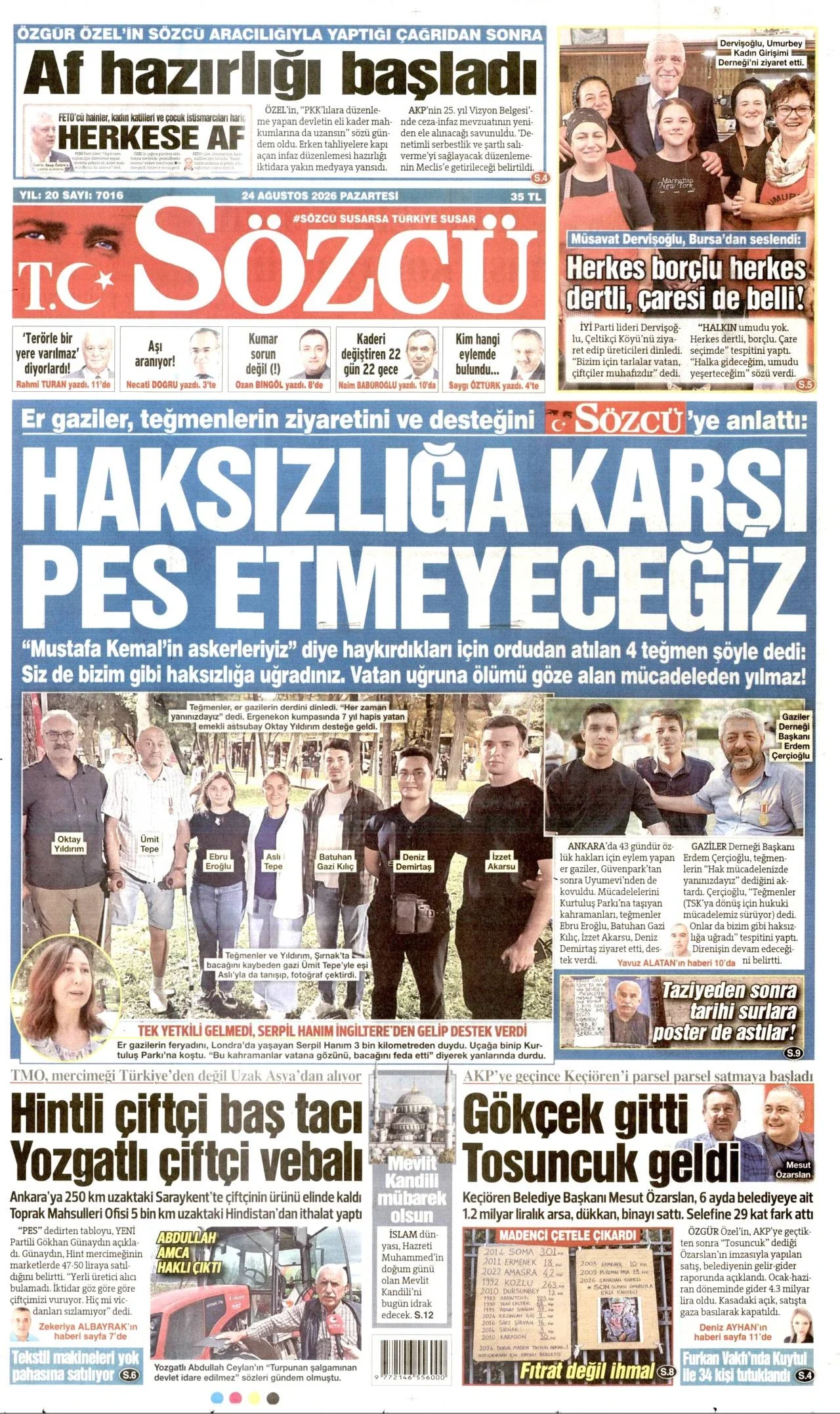 Sözcü Gazetesi birinci sayfası - 24 Ağustos 2026
