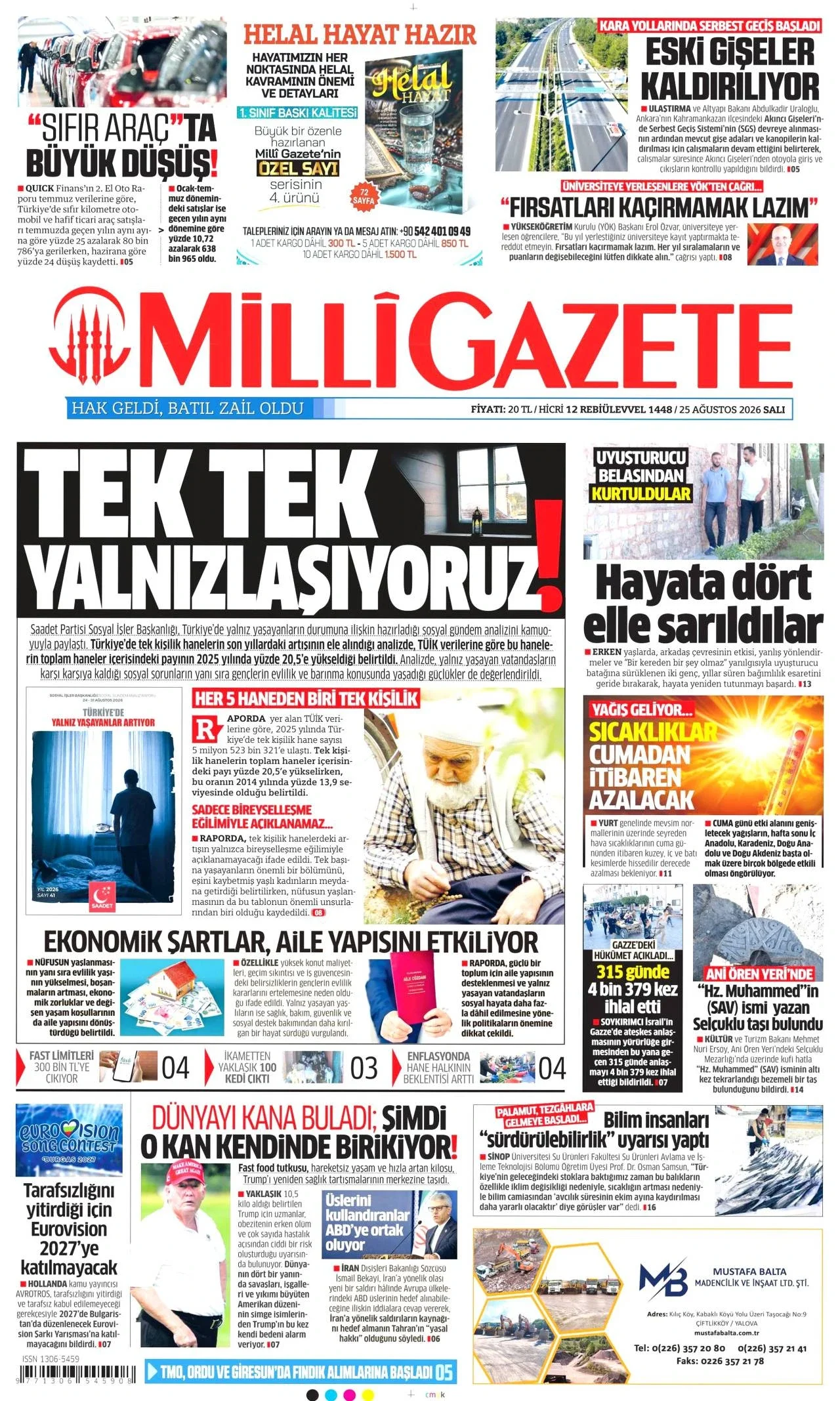 Milli Gazete - 25 Ağustos 2026 günün manşeti