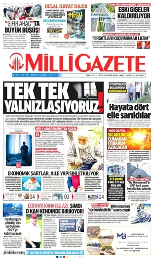 Milli Gazete 25 Ağustos 2026 günün manşeti