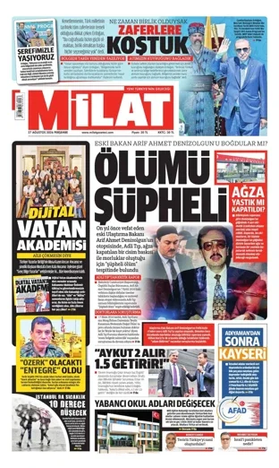 Milat Gazetesi 27 Ağustos 2026 günün manşeti
