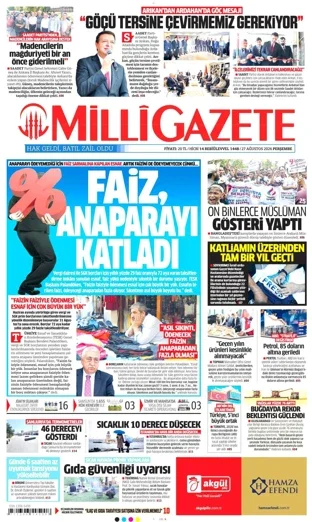 Milli Gazete 27 Ağustos 2026 günün manşeti