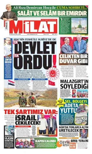 Milat Gazetesi 28 Ağustos 2026 günün manşeti