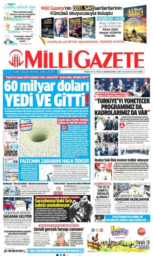 Milli Gazete 28 Ağustos 2026 günün manşeti