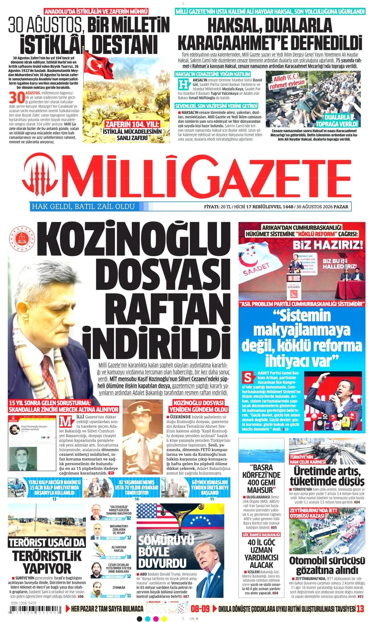 Milli Gazete - 30 Ağustos 2026 günün manşeti