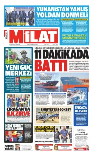 Milat Gazetesi 3 Eylül 2026 günün manşeti