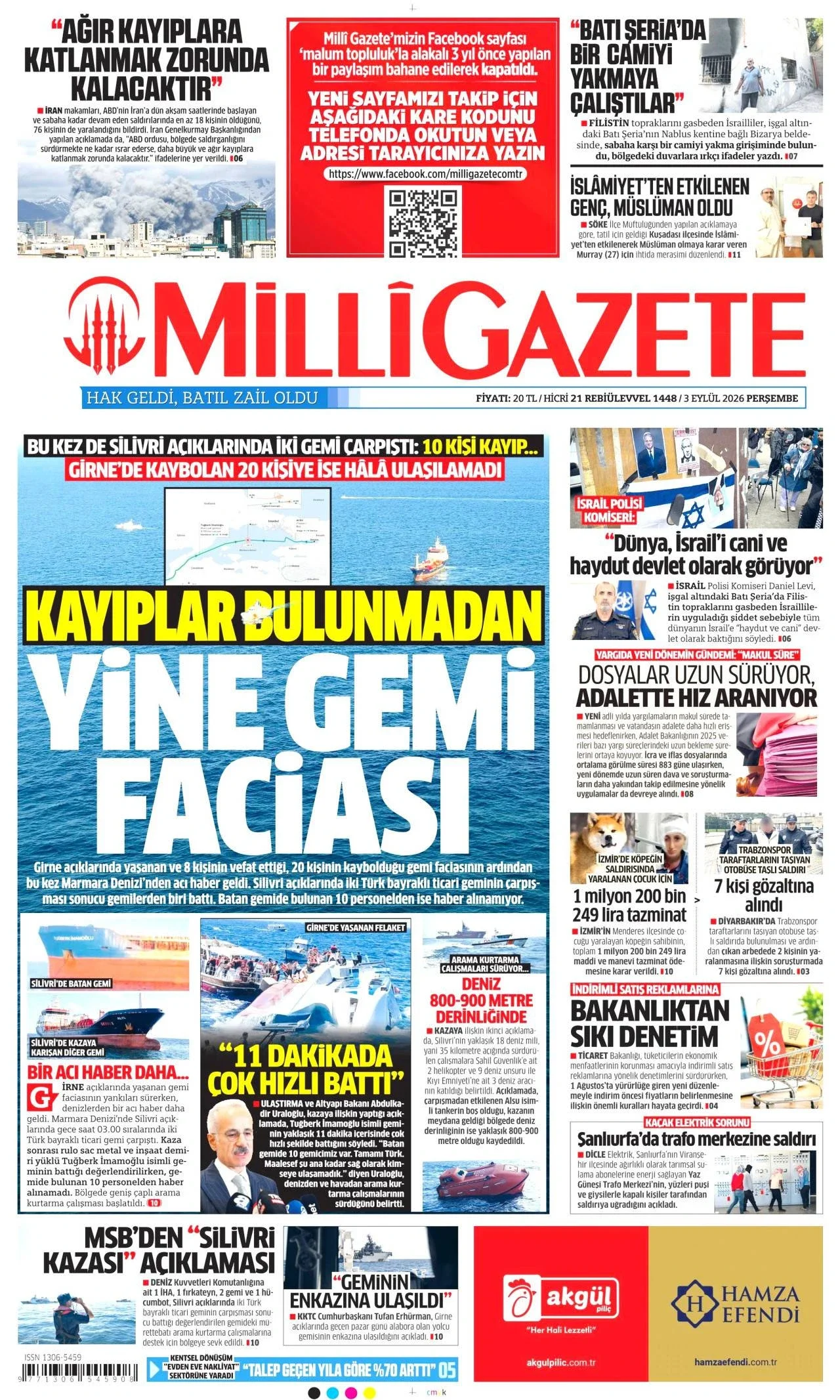 Milli Gazete - 3 Eylül 2026 günün manşeti
