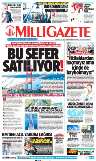 Milli Gazete 6 Eylül 2026 günün manşeti