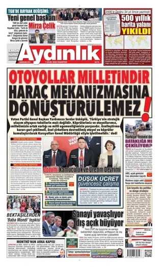 Aydınlık Gazetesi 7 Eylül 2026 günün manşeti