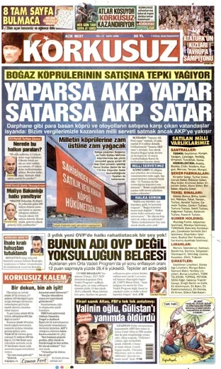Korkusuz Gazetesi 7 Eylül 2026 günün manşeti