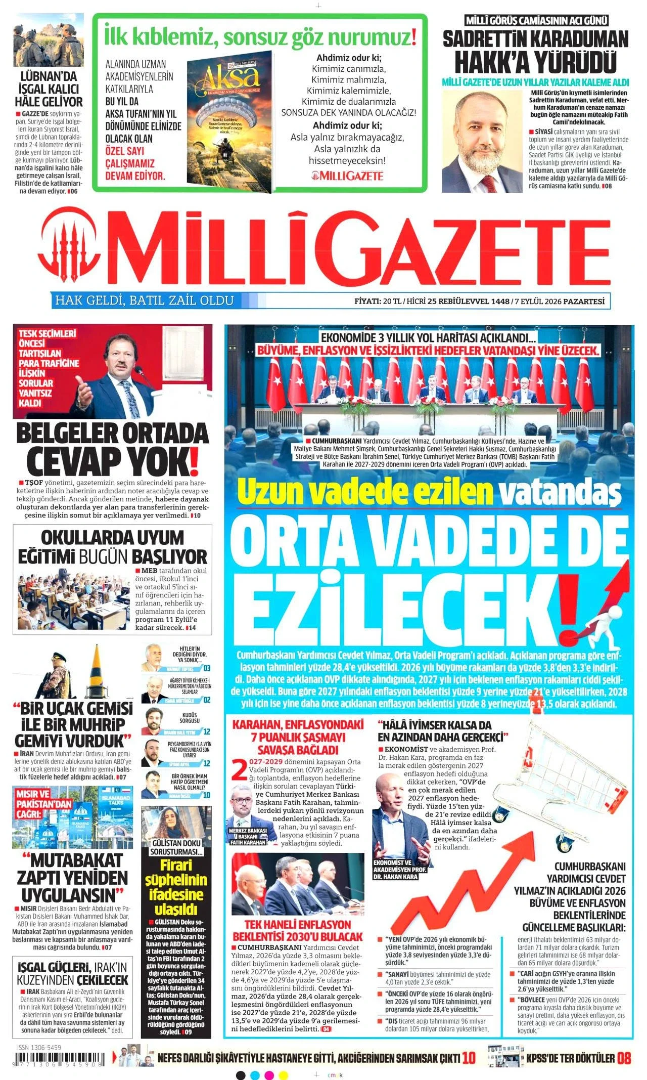 Milli Gazete - 7 Eylül 2026 günün manşeti