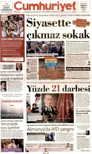 Cumhuriyet Gazetesi 8 Eylül 2026 günün manşeti