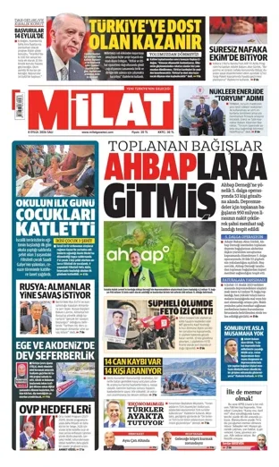 Milat Gazetesi 8 Eylül 2026 günün manşeti