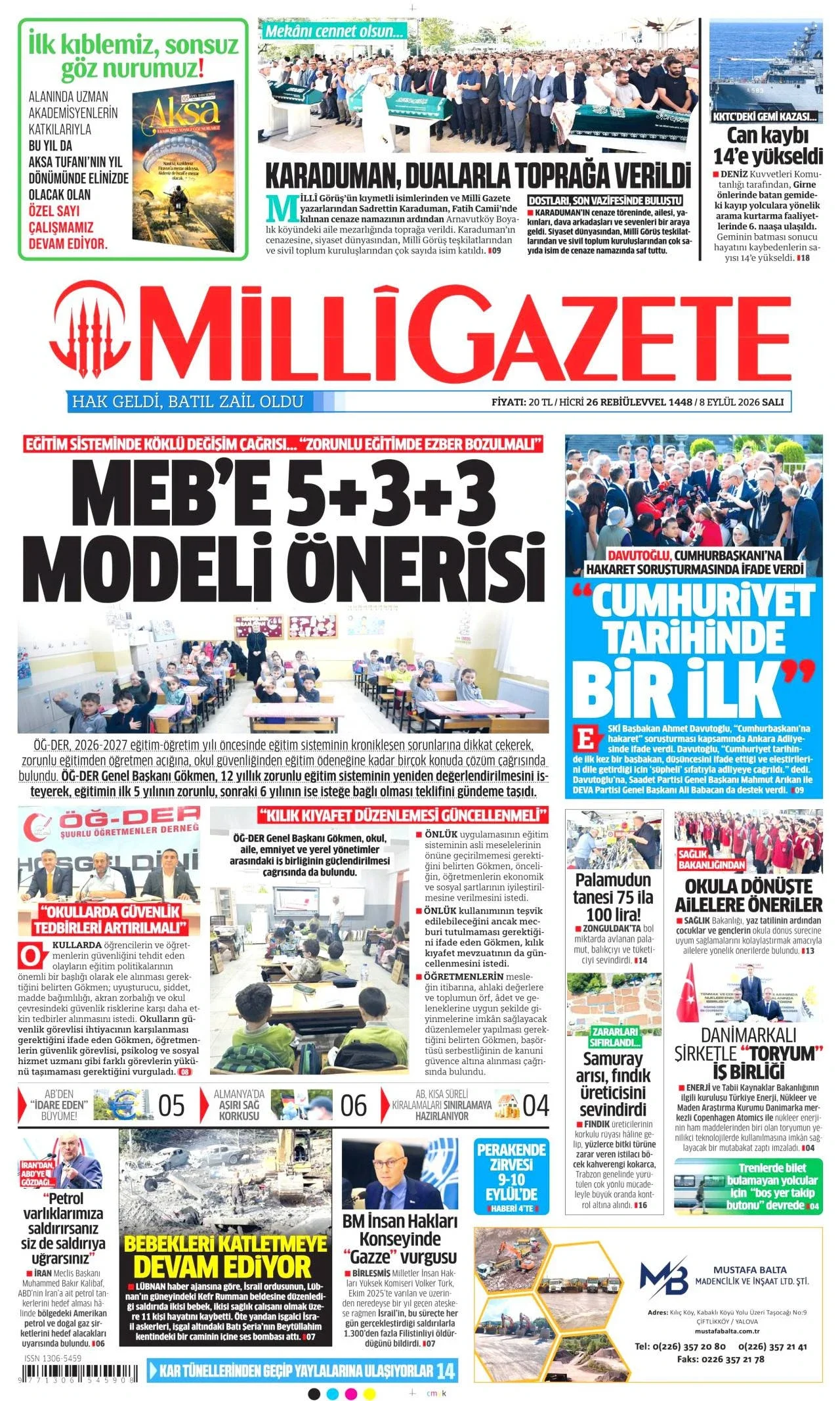 Milli Gazete - 8 Eylül 2026 günün manşeti