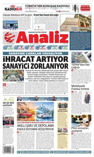 Analiz Gazetesi 9 Eylül 2026 günün manşeti