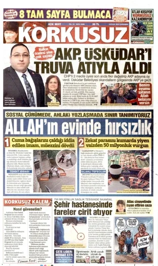 Korkusuz Gazetesi 9 Eylül 2026 günün manşeti