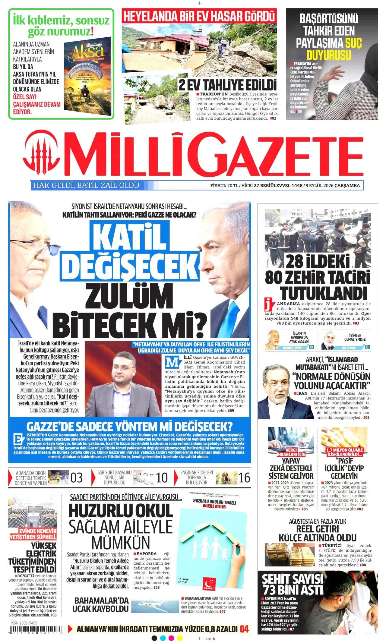 Milli Gazete - 9 Eylül 2026 günün manşeti