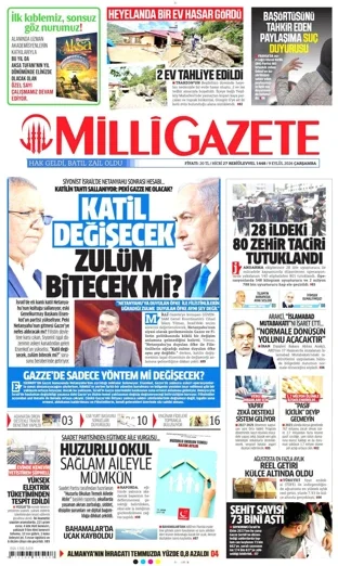 Milli Gazete 9 Eylül 2026 günün manşeti