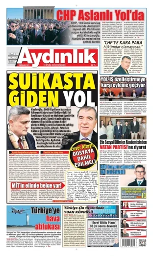 Aydınlık Gazetesi 10 Eylül 2026 günün manşeti
