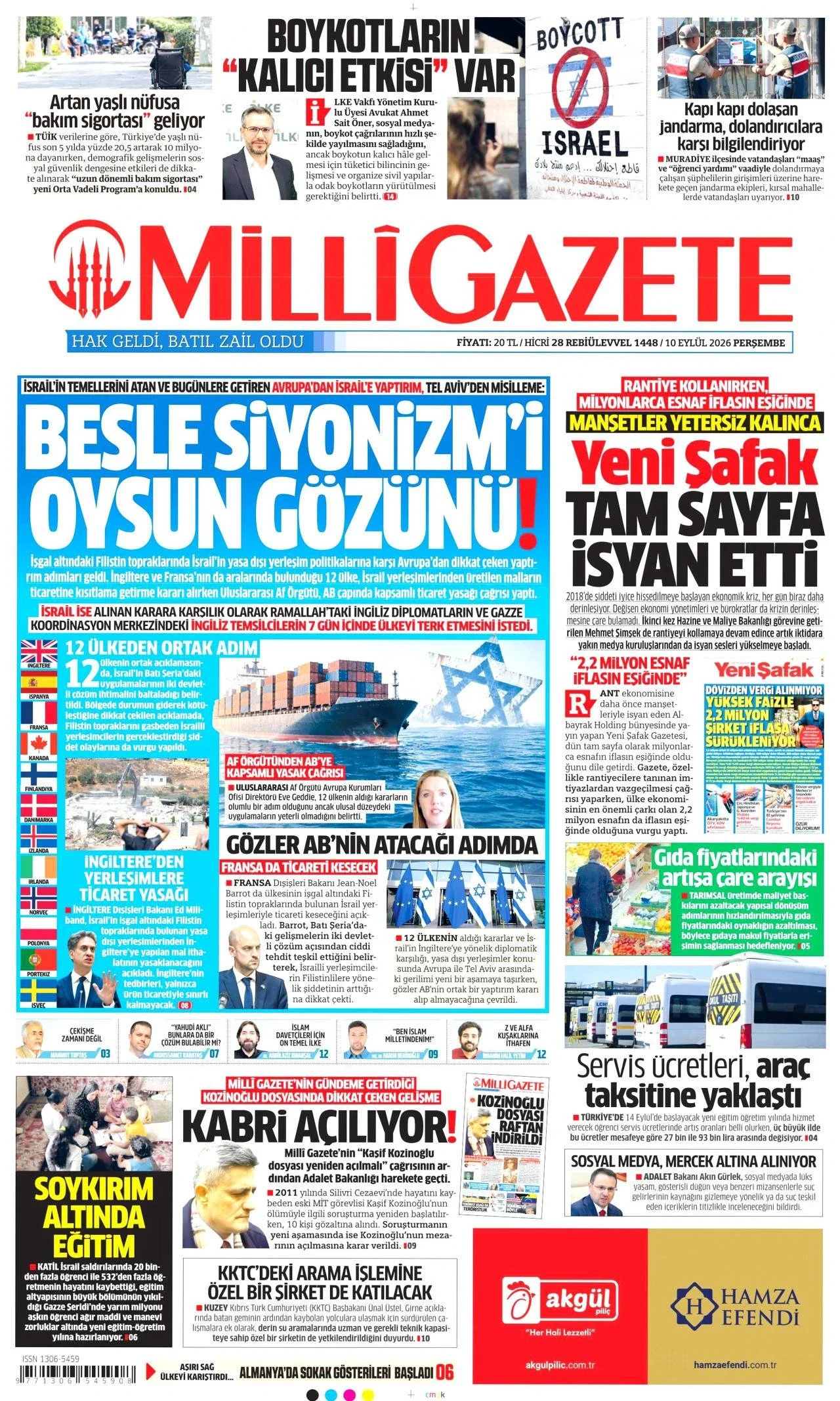 Milli Gazete - 10 Eylül 2026 günün manşeti