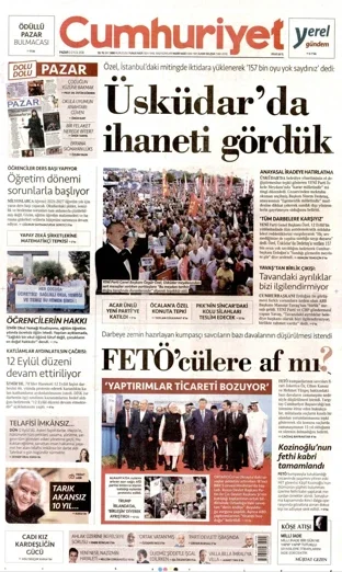 Cumhuriyet Gazetesi 13 Eylül 2026 günün manşeti
