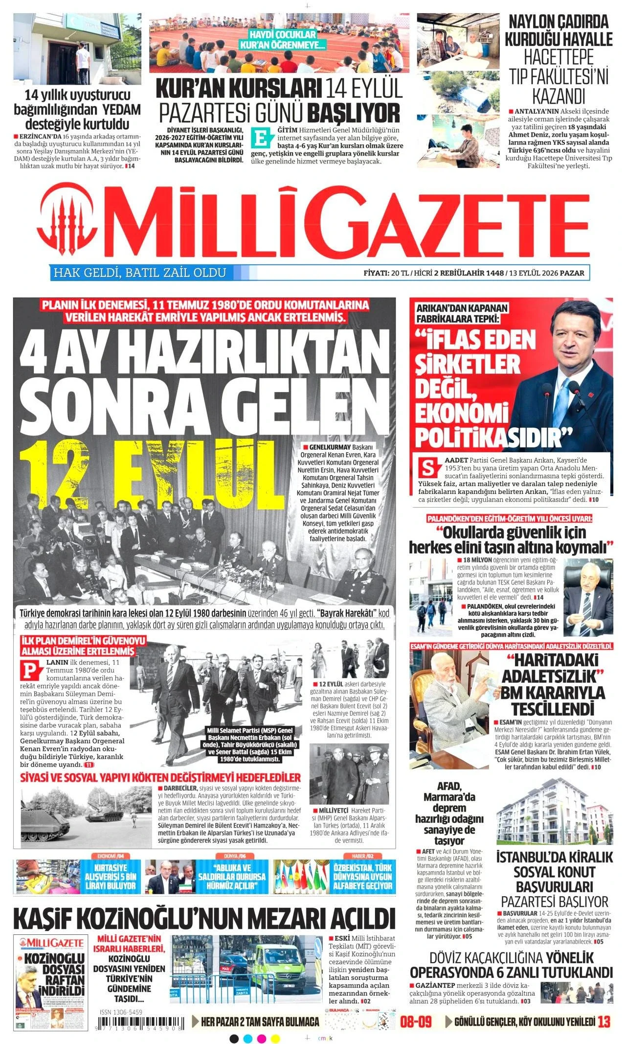 Milli Gazete - 13 Eylül 2026 günün manşeti