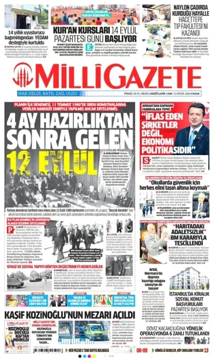 Milli Gazete 13 Eylül 2026 günün manşeti