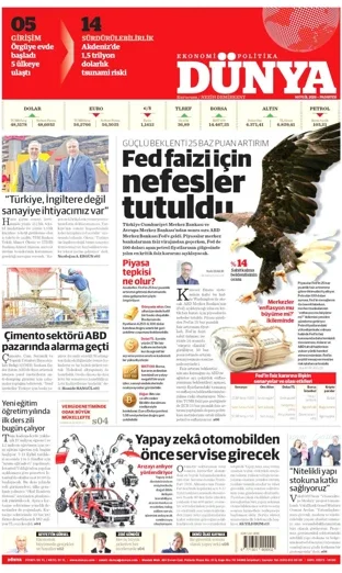Dünya Gazetesi 14 Eylül 2026 günün manşeti