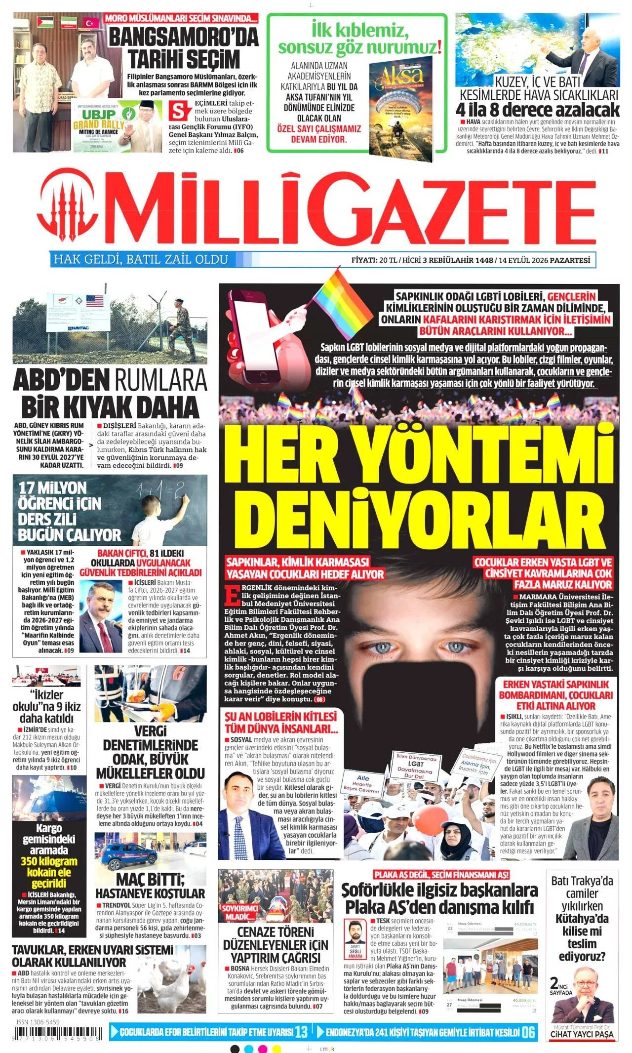 Milli Gazete - 14 Eylül 2026 günün manşeti