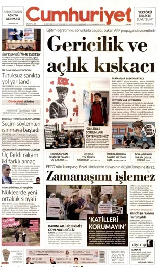 Cumhuriyet Gazetesi 15 Eylül 2026 günün manşeti