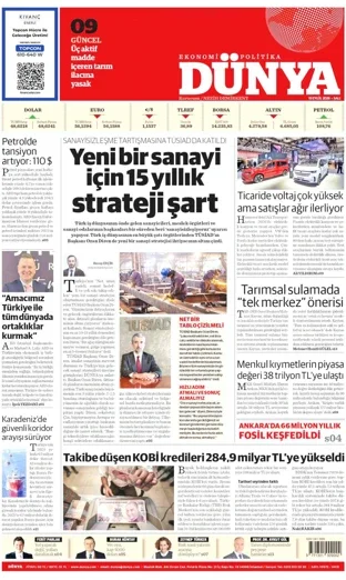 Dünya Gazetesi 15 Eylül 2026 günün manşeti