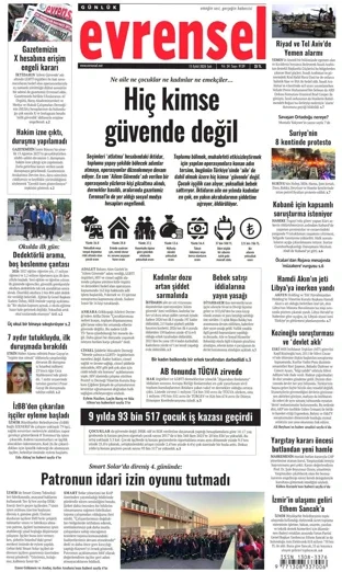 Evrensel Gazetesi 15 Eylül 2026 günün manşeti
