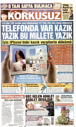 Korkusuz Gazetesi 15 Eylül 2026 günün manşeti
