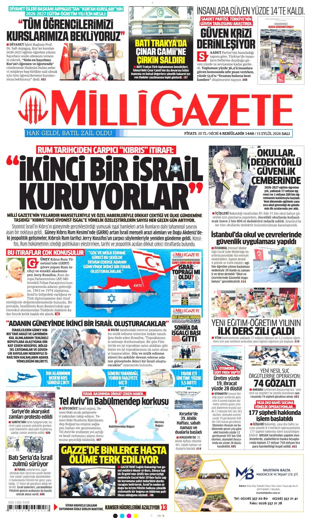 Milli Gazete - 15 Eylül 2026 günün manşeti