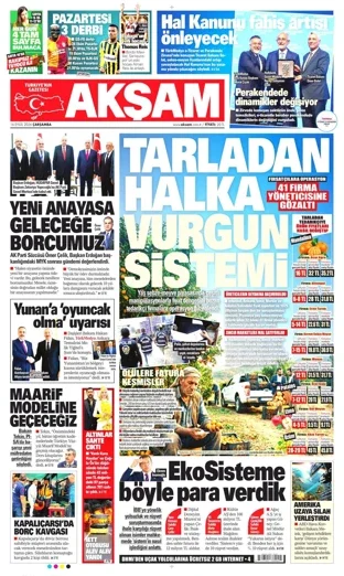 Akşam Gazetesi 16 Eylül 2026 günün manşeti