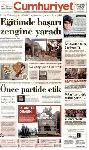 Cumhuriyet Gazetesi 16 Eylül 2026 günün manşeti