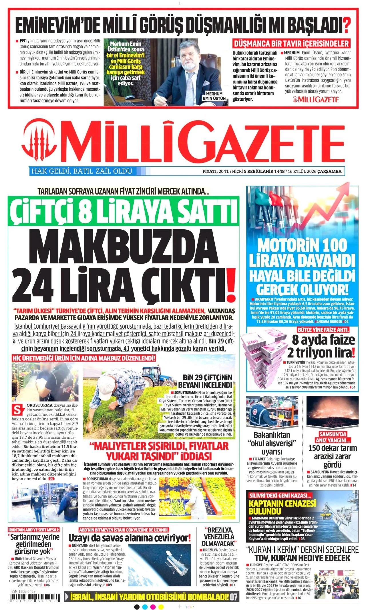Milli Gazete - 16 Eylül 2026 günün manşeti