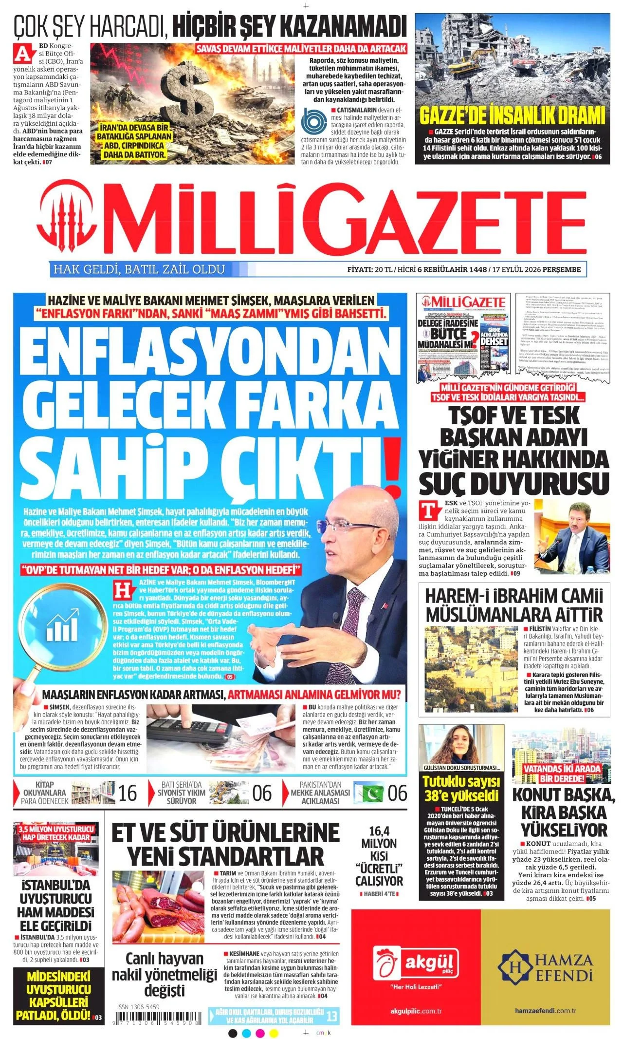 Milli Gazete - 17 Eylül 2026 günün manşeti
