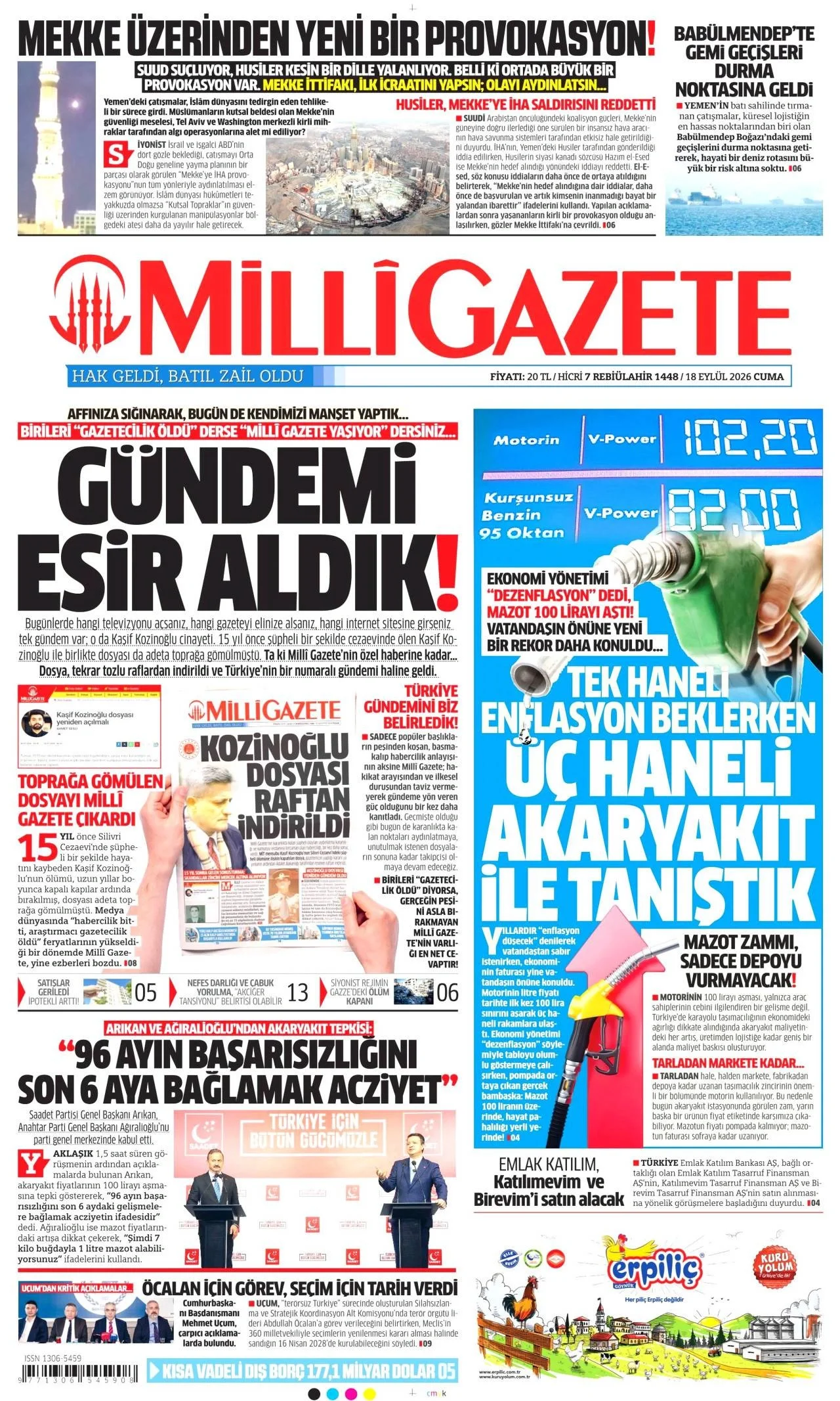 Milli Gazete - 18 Eylül 2026 günün manşeti