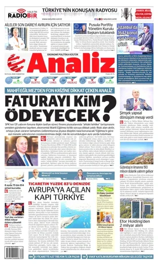 Analiz Gazetesi 19 Eylül 2026 günün manşeti