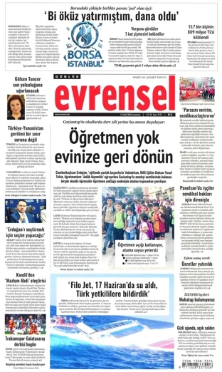 Evrensel Gazetesi 19 Eylül 2026 günün manşeti