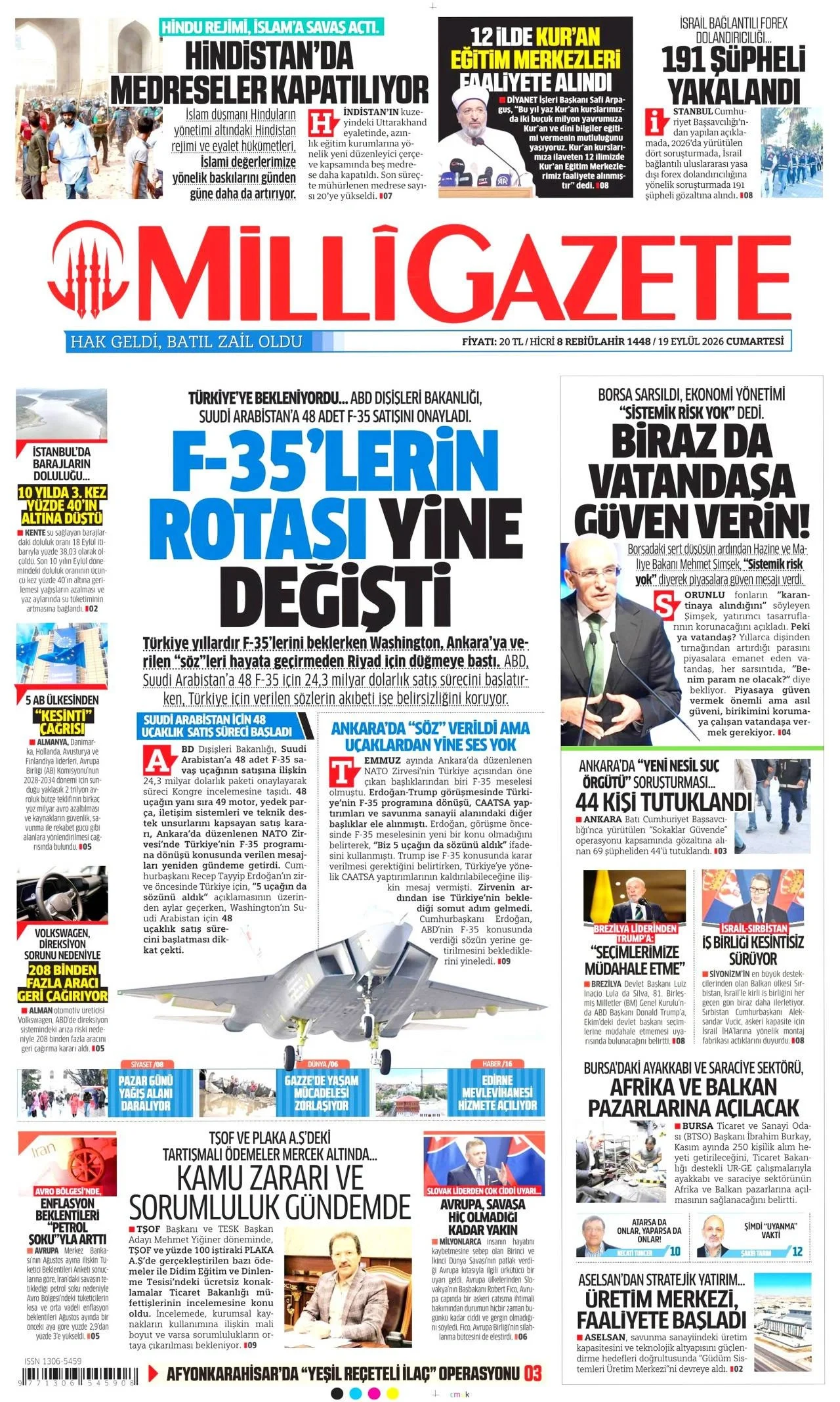 Milli Gazete - 19 Eylül 2026 günün manşeti