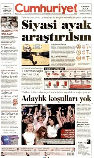 Cumhuriyet Gazetesi 22 Eylül 2026 günün manşeti