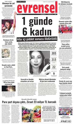 Evrensel Gazetesi 22 Eylül 2026 günün manşeti