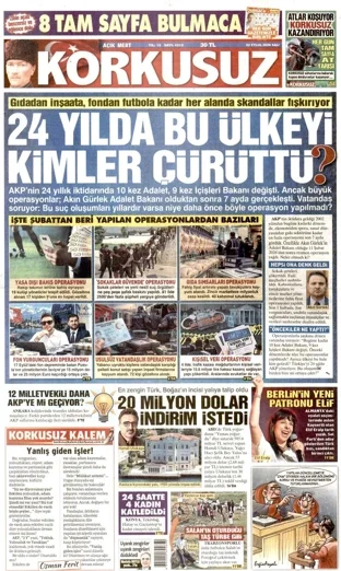 Korkusuz Gazetesi 22 Eylül 2026 günün manşeti