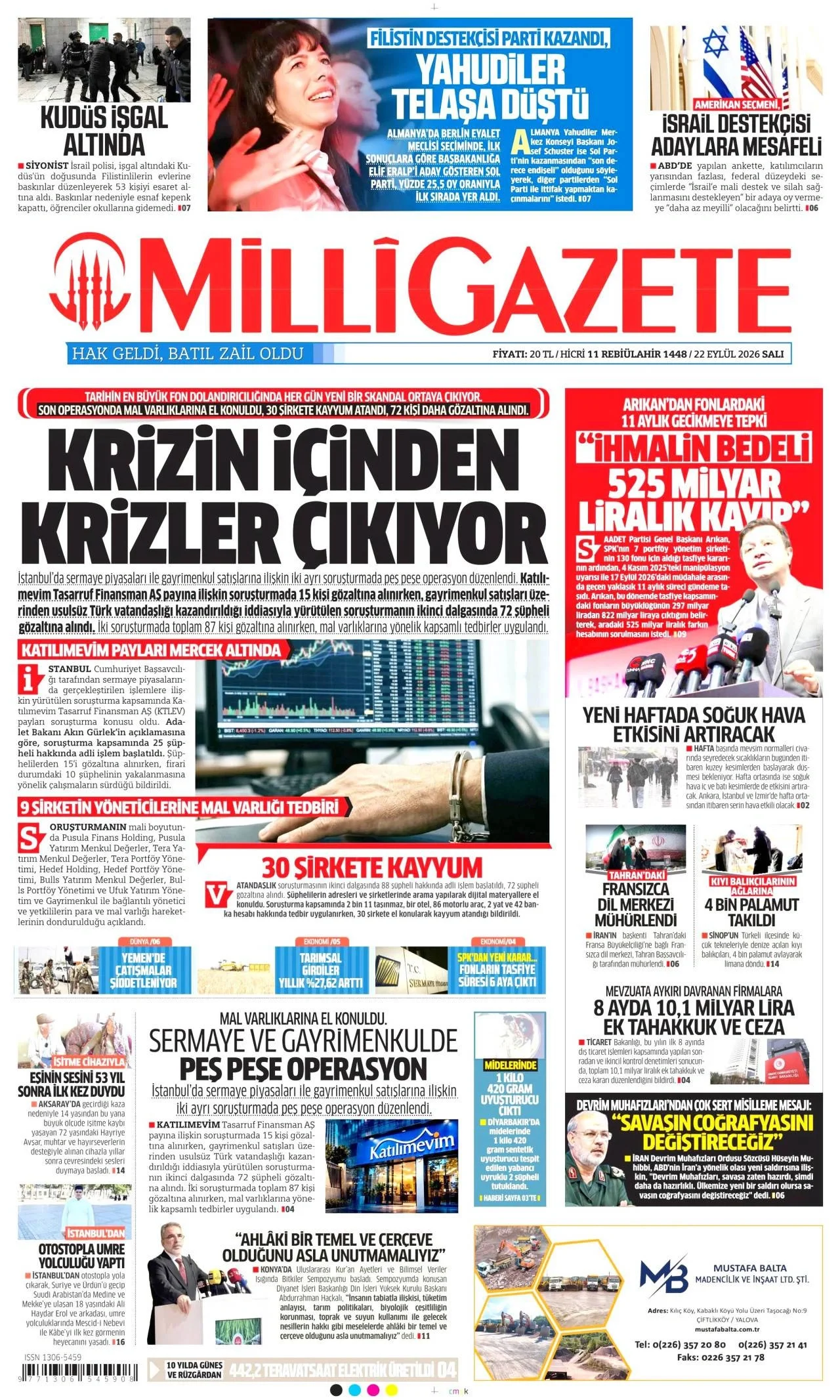 Milli Gazete - 22 Eylül 2026 günün manşeti