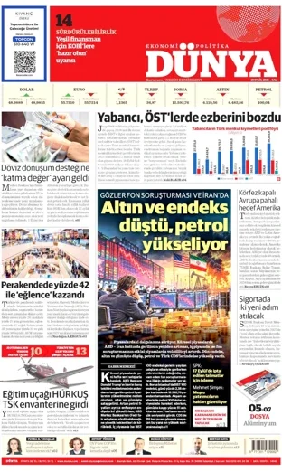 Dünya Gazetesi 29 Eylül 2026 günün manşeti