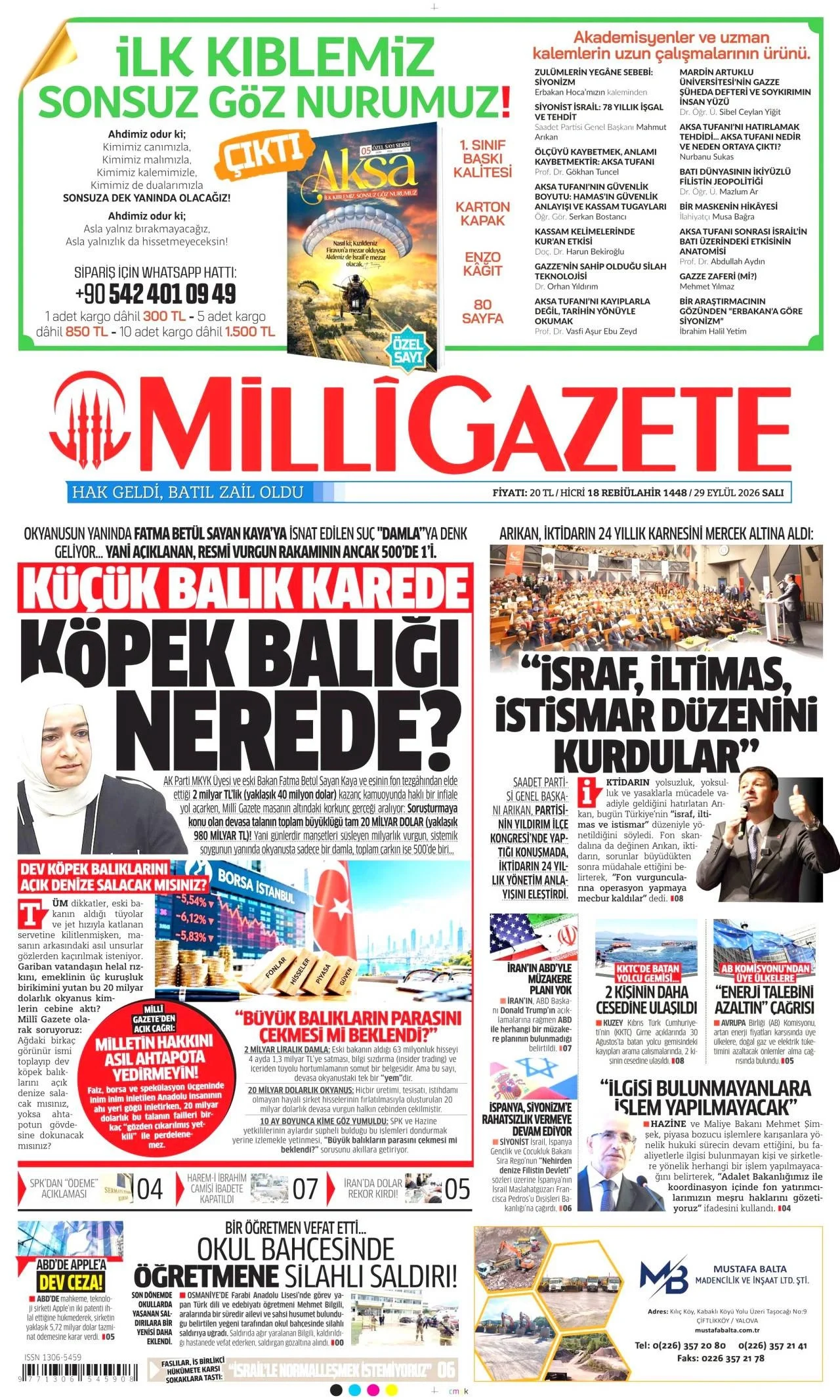 Milli Gazete - 29 Eylül 2026 günün manşeti