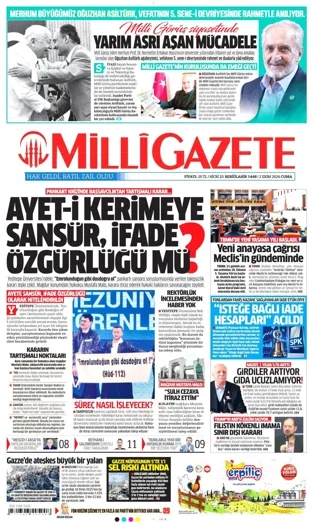 Milli Gazete 2 Ekim 2026 günün manşeti